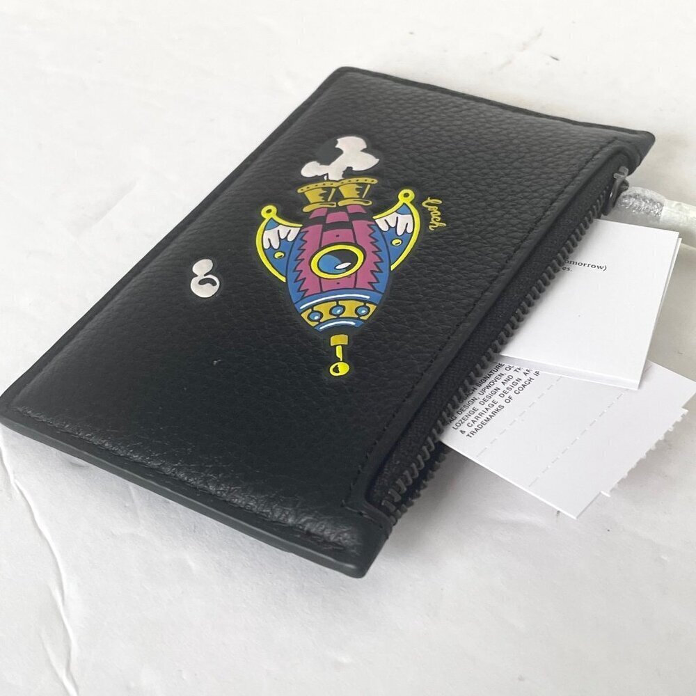 Coach Cosmic Coach Zip Card Case Rocket Ship Space CW222 Black Leather Wallet - Picture 5 of 6